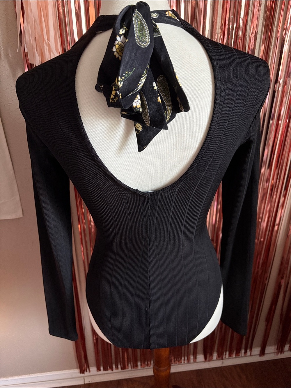 Forever 21 Black Ribbed Deep V-Back Paisley Silk Scarf Western Bodysuit